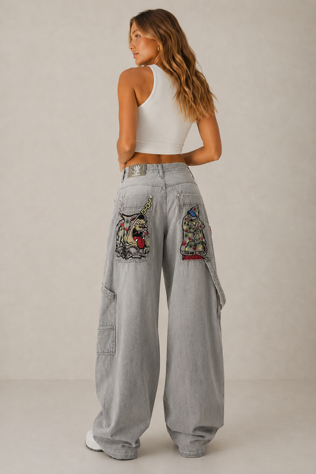 Wide Leg Jeans mit schwarzem Logo-Print