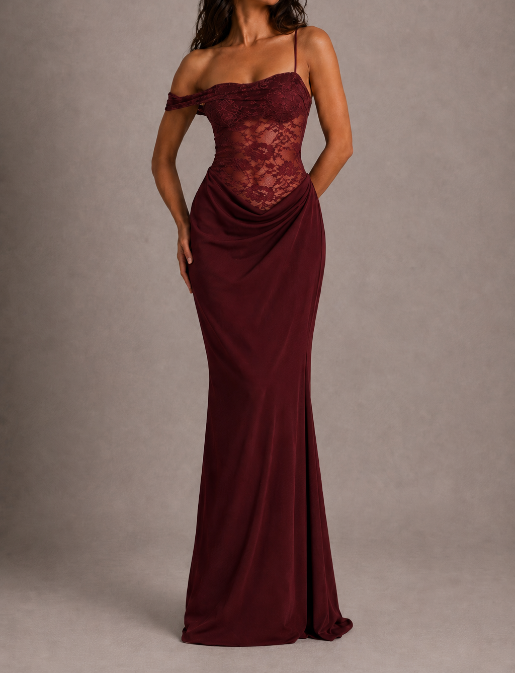 One Shoulder Maxikleid mit Spitze