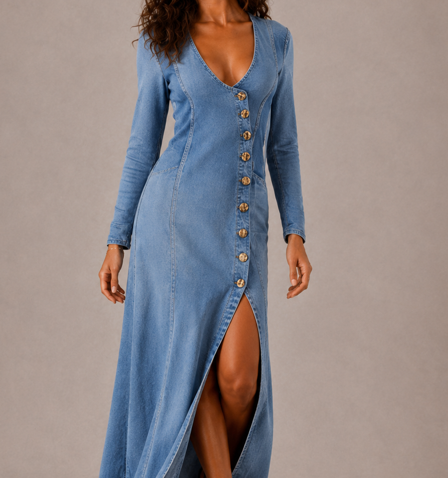 Langes Denim Kleid mit Knöpfen